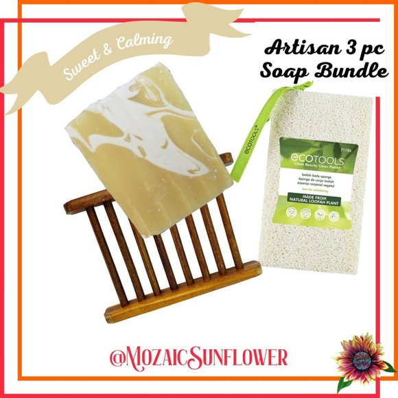 Artisan Sweet Almond Goats Milk Soap Bamboo Soap Tray Loofah Set - Picture 1 of 3